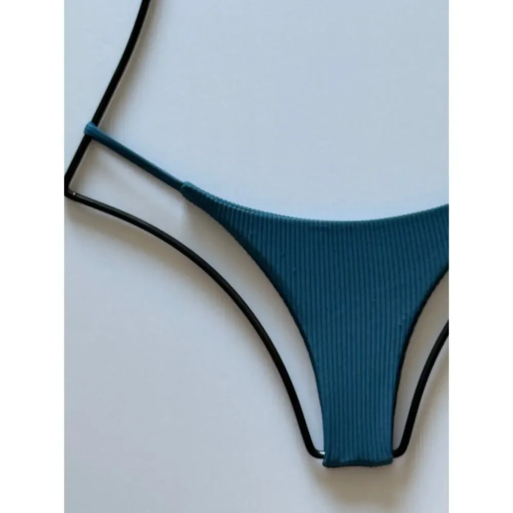 Frankies Bikinis Willa Skimpy Bikini Bottom - Deep Sea Blue Ribbed - XS - NWT